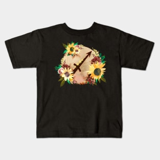 Sagittarius Zodiac Horoscope Maroon and Sunflower Floral Monogram Kids T-Shirt